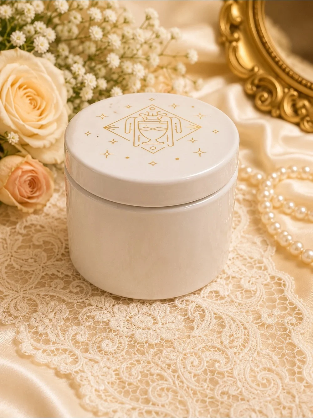 Zodiac Ceramic Storage Jar with Lid | White Gold Astrology Canister | Decorative